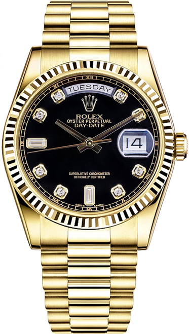 Rolex Men's Day Date President Yellow Gold Factory Black Diamond Dial 118238