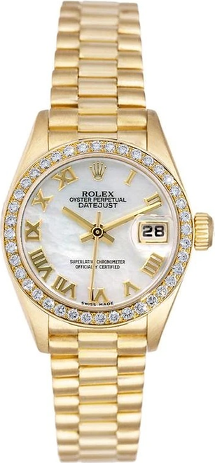 Rolex Women's President Yellow Gold Factory Diamond Bezel and Mother of Pearl Roman 69138
