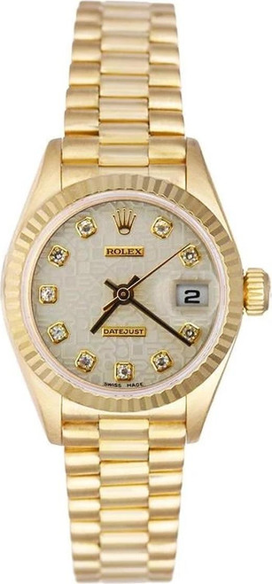 Rolex Women's President Yellow Gold Factory Anniversary Silver Diamond Dial