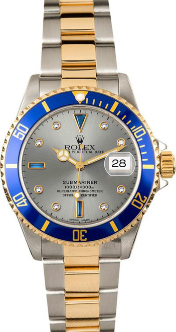 Rolex Submariner Factory Silver Diamond Pre-Owned 16613 Serti