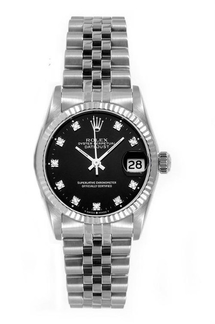 Rolex Women's Datejust Midsize Stainless Steel Fluted Factory Black Diamond Dial