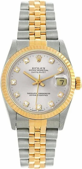 Rolex Women's Datejust Midsize Two Tone Fluted Factory Silver Diamond Dial