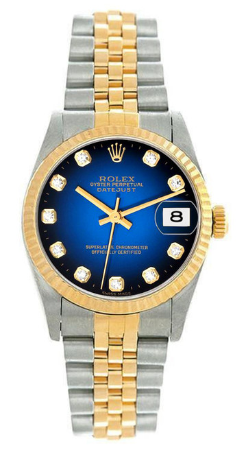 Rolex Women's Datejust Midsize Two Tone Factory Blue Vignette Diamond Dial