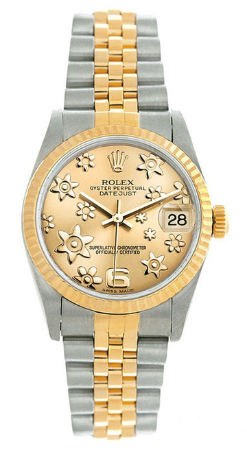 Rolex Women's Datejust Midsize Two Tone Fluted Factory Champagne Flower Dial