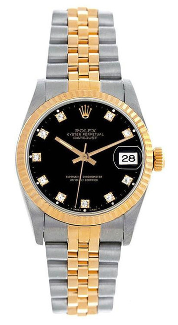Rolex Women's Datejust Midsize Two Tone Fluted Factory Black Diamond Dial