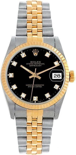 Rolex Women's Datejust Midsize Two Tone Fluted Factory Black Diamond Dial