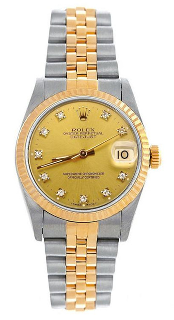 Rolex Women's Datejust Midsize Two Tone Fluted Factory Champagne Diamond Dial