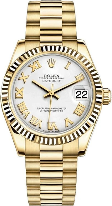 Rolex Women's President Midsize 31mm Fluted White Roman Dial