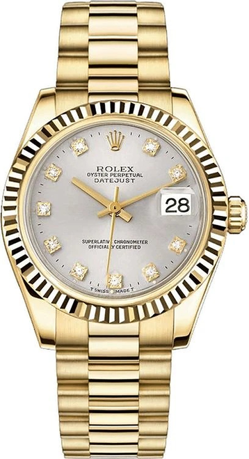 Rolex Women's President Midsize 31mm Fluted Factory Silver Diamond Dial