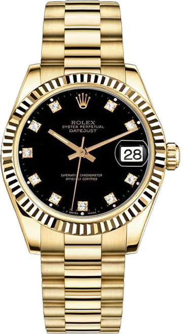 Rolex Women's President Midsize 31mm Fluted Factory Black Diamond Dial