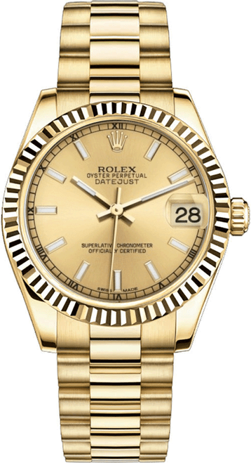 Rolex Women's President Midsize 31mm Fluted Champagne Index Dial