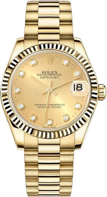 Rolex Women's President Midsize 31mm Fluted Factory Champagne Diamond Dial