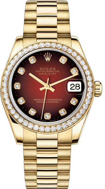 Rolex Women's President Midsize Factory Diamond Bezel on Factory Red Vignette 68288 Rolex Women's President Midsize Factory Diamond Bezel on Factory Red Vignette 68288