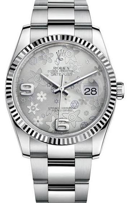 Rolex Datejust Stainless Steel Factory Silver Floral on Oyster Bracelet 116234