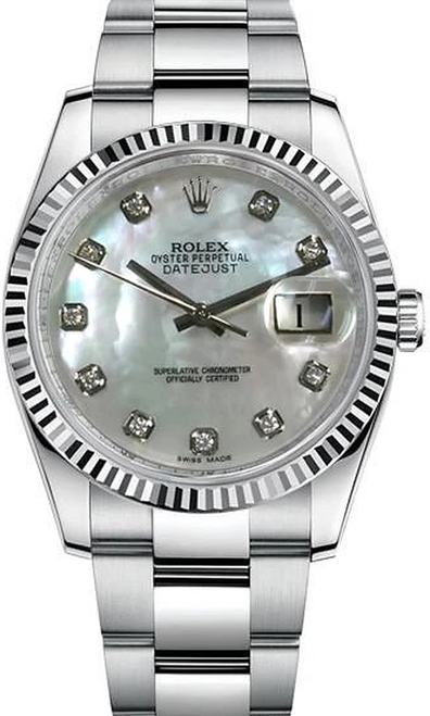 Rolex New Style Datejust Stainless Steel  Fluted Bezel & Factory Mother of Pearl Diamond Dial on Oyster Bracelet 116234