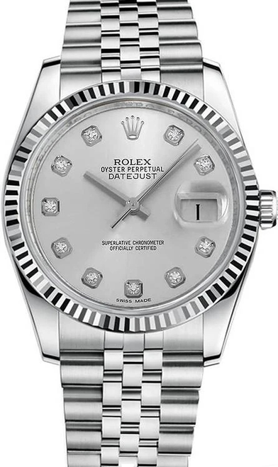 Rolex New Style Datejust Stainless Steel  Fluted Bezel and  Factory Silver Diamond Dial on Jubilee Bracelet 116234