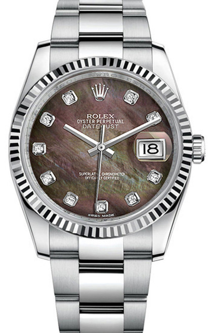 Rolex Datejust Stainless Steel Factory Black Mother of Pearl Diamond Dial on Oyster Bracelet 116234