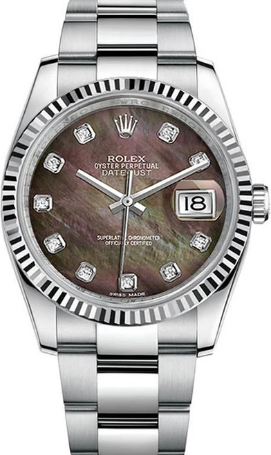 Rolex Datejust Stainless Steel Factory Black Mother of Pearl Diamond Dial on Oyster Bracelet 116234