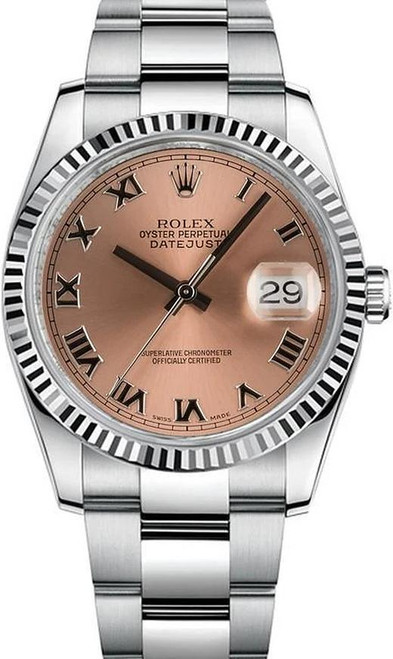 Rolex New Style Datejust Stainless Steel Fluted Bezel with Pink Roman Dial 116234