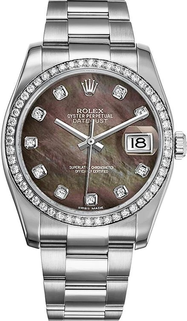 Rolex Datejust Stainless Steel Factory Black Mother of Pearl Diamond Dial on Oyster Bracelet 116244