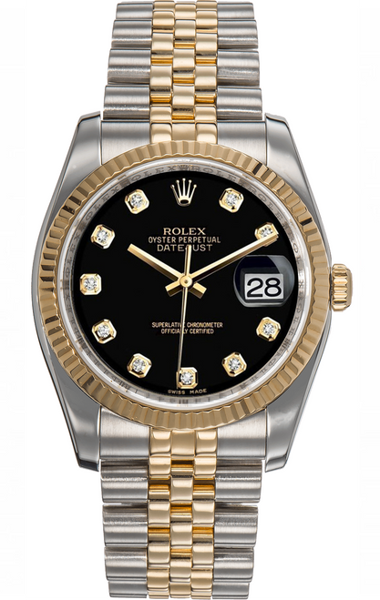 Rolex New Style Datejust Two Tone Fluted Bezel  & Factory Black Diamond Dial on Jubilee Bracelet 116233