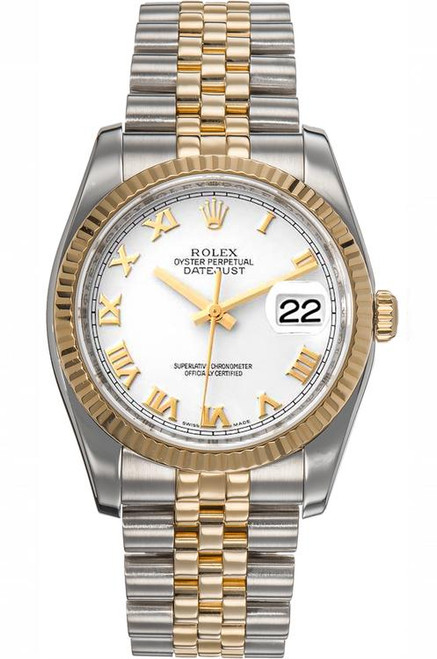 Rolex New Style Datejust Two Tone Fluted Bezel  White Roman Dial 116233