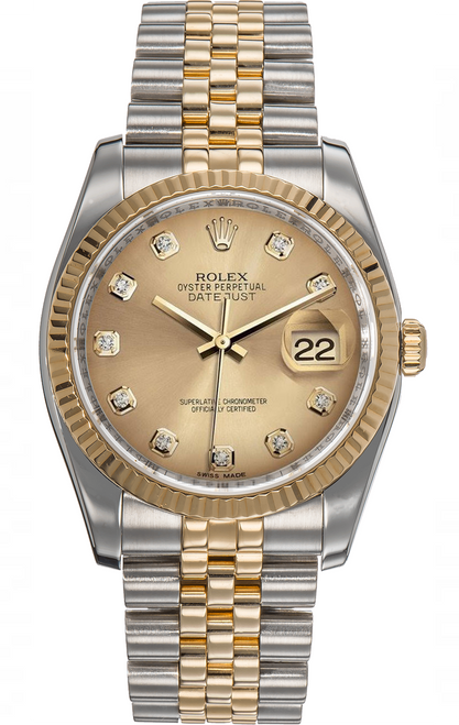 Rolex New Style Datejust Two Tone Fluted Bezel  & Factory Champagne Diamond Dial 116233