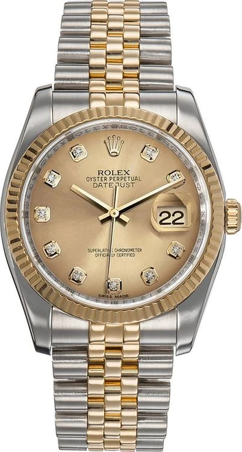 Rolex New Style Datejust Two Tone Fluted Bezel  & Factory Champagne Diamond Dial 116233