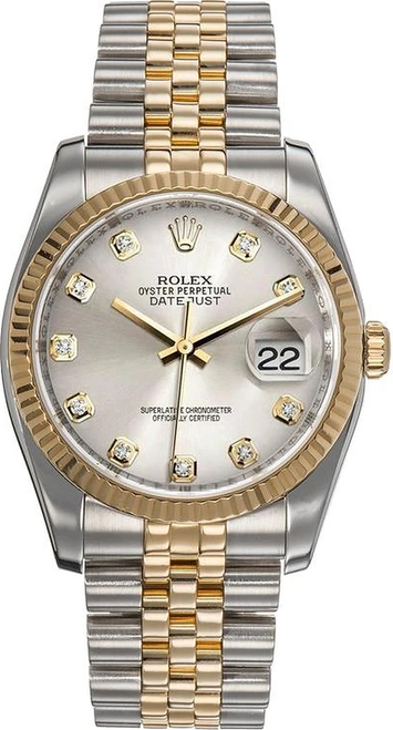 Rolex New Style Datejust Two Tone Fluted Bezel  & Factory Silver Diamond Dial on Jubilee Bracelet 116233