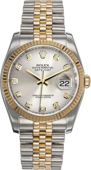 Rolex New Style Datejust Two Tone Fluted Bezel  & Factory Silver Diamond Dial on Jubilee Bracelet 116233