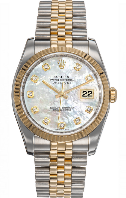 Rolex New Style Datejust Two Tone Fluted Bezel Factory Mother of Pearl Diamond Dial 116233