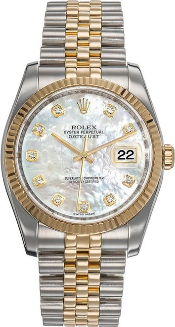 Rolex New Style Datejust Two Tone Fluted Bezel Factory Mother of Pearl Diamond Dial 116233