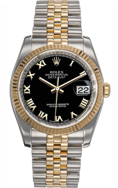 Rolex New Style Datejust Two Tone Fluted Bezel  Black Roman Dial 116233