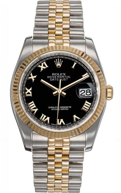 Rolex New Style Datejust Two Tone Fluted Bezel Black Roman Dial 116233 Rolex New Style Datejust Two Tone Fluted Bezel Black Roman Dial 116233