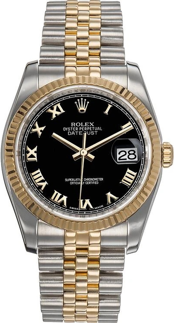 Rolex New Style Datejust Two Tone Fluted Bezel  Black Roman Dial 116233