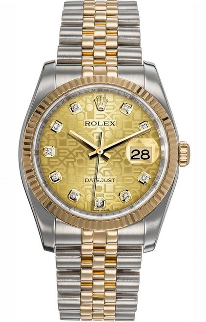 Rolex New Style Datejust Two Tone Fluted Bezel & Factory Champagne Anniversary Diamond Dial 116233