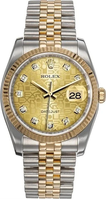 Rolex New Style Datejust Two Tone Fluted Bezel & Factory Champagne Anniversary Diamond Dial 116233