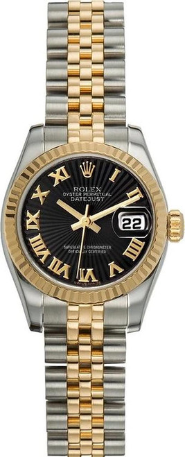 Rolex Women's New Style Two-Tone Datejust with Black Sunbeam Roman Dial 179173