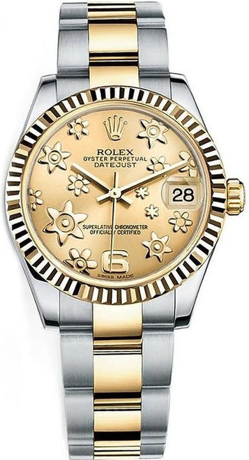 Rolex New Style Datejust Midsize Two Tone Factory Champagne Flower Dial 178273