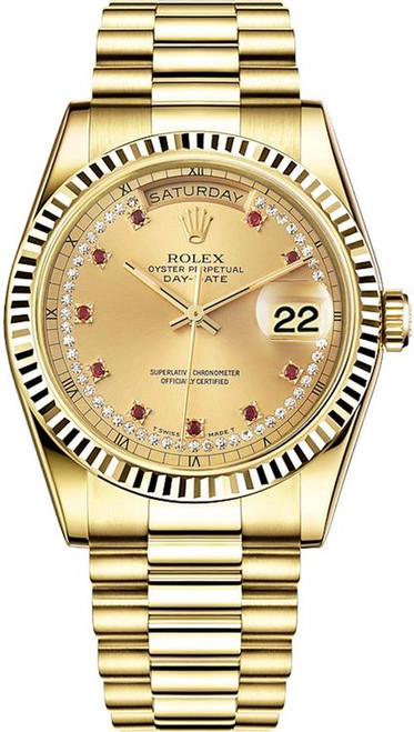 Rolex Men's Day Date President Yellow Gold Factory Ruby String Diamond Dial 18238