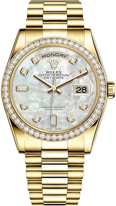 Rolex Men's Day Date President Yellow Gold Factory Diamond Bezel & Mother of Pearl Diamond 18348