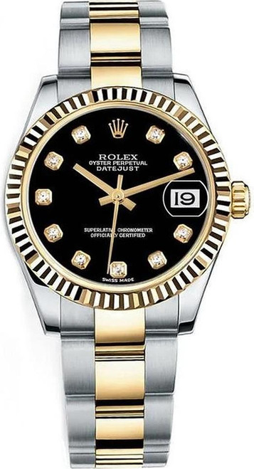 Rolex New Style Datejust Midsize Two Tone Fluted Bezel & Factory Black  Diamond Dial on Oyster Bracelet P178273BDFO