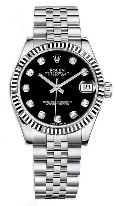 Rolex New Style Datejust Midsize Stainless Steel Factory Black Diamond Dial on Jubilee Bracelet 178274 Rolex New Style Datejust Midsize Stainless Steel Factory Black Diamond Dial on Jubilee Bracelet 178274