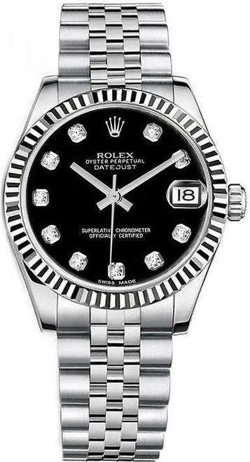 Rolex New Style Datejust Midsize Stainless Steel Factory Black Diamond Dial on Jubilee Bracelet 178274