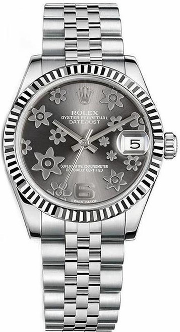 Rolex New Style Datejust Midsize Stainless Steel Factory Rhodium Grey Flower Dial Jubilee 178274