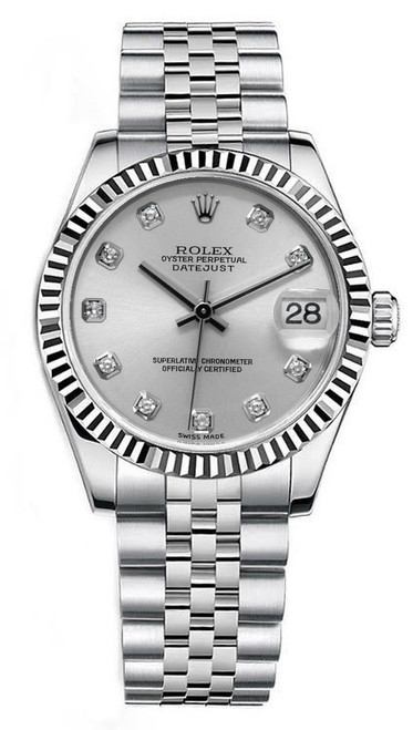 Rolex New Style Datejust Midsize Stainless Steel Factory Silver Diamond Dial on Jubilee Bracelet 178274