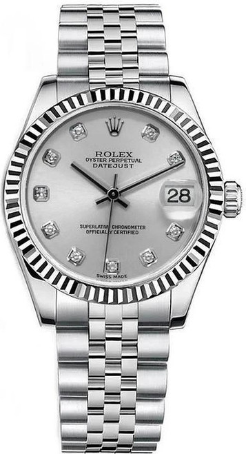 Rolex New Style Datejust Midsize Stainless Steel Factory Silver Diamond Dial on Jubilee Bracelet 178274