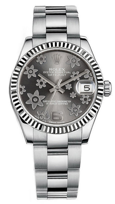 Rolex New Style Datejust Midsize Stainless Steel Factory Rhodium Grey Flower Dial 178274