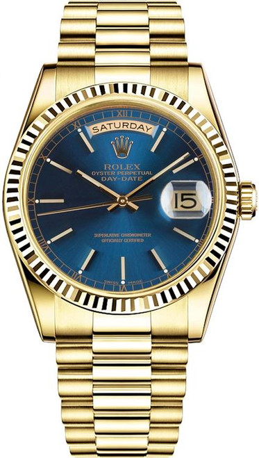 Rolex Men's Day Date President Yellow Gold Fluted Blue Index Dial 18038