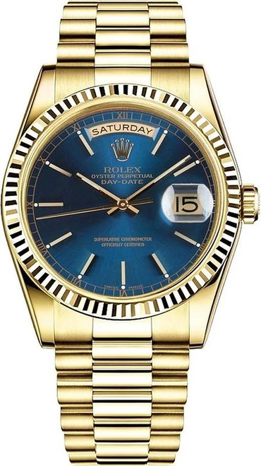 Rolex Men's Day Date President Yellow Gold Fluted Blue Index Dial 18038